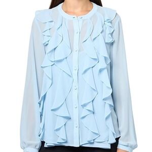 Anne Klein Long Sleeve Waterfall Ruffle Opal Blue Blouse 2 Piece Womens Large